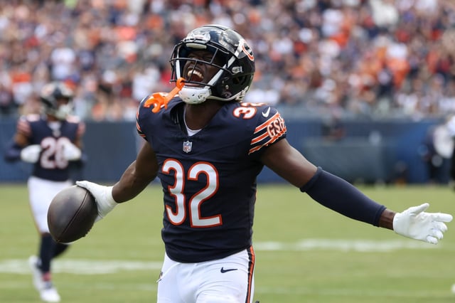 Bears cornerback Terell Smith celebrates after an interception against the Bengals in a preseason game Aug. 17, 2024, at Soldier Field. (John J. Kim/Chicago Tribune)