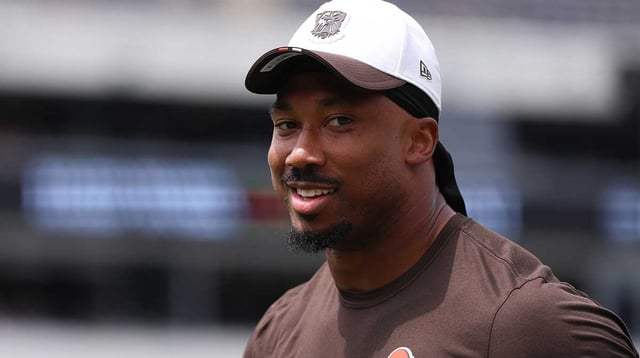 Aug 16, 2025; Philadelphia, Pennsylvania, USA; against the Cleveland Browns Myles Garrett before a game against the Philadelphia Eagles at Lincoln Financial Field. Mandatory Credit: Bill Streicher-Imagn Images