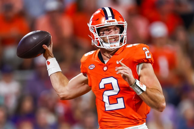 Cade Klubnik #2 of the Clemson Tigers passes the ball during the second half of a football game against the Stanford Cardinal at Memorial Stadium on September 28, 2024 in Clemson, South Carolina.