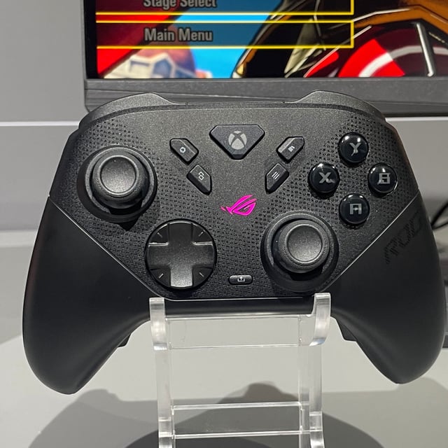 The Asus Raikiri II Xbox Wireless controller on a display stand at Gamescom 2025