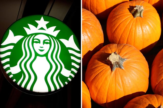 L: A Starbucks corporate logo hangs outside their store in Penn Station on August 9, 2025, in New York City. R: Pumpkins at Mr. Jack O'Lantern's Pumpkin Patch on October 17, 2021 in Los Angeles, California.