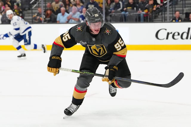 Mar 23, 2025; Las Vegas, Nevada, USA; Vegas Golden Knights right wing Victor Olofsson (95) skates against the Tampa Bay Lightning during the second period at T-Mobile Arena. Mandatory Credit: Stephen R. Sylvanie-Imagn Images/ File Photo