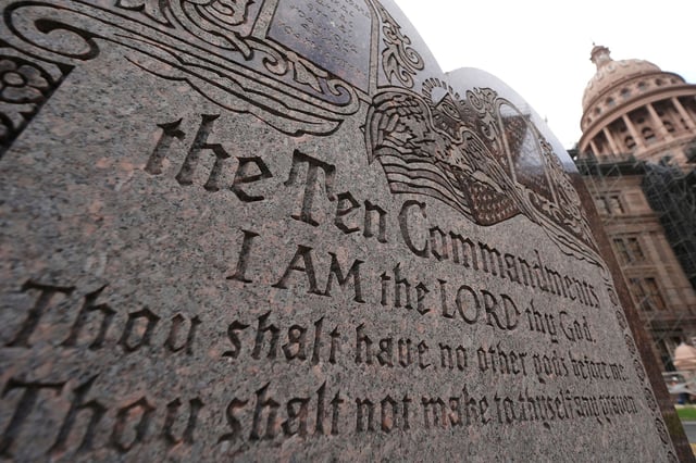 A granite Ten Commandments monument stands on the ground of the Texas Capitol, in Austin, Texas, on May 29, 2025.