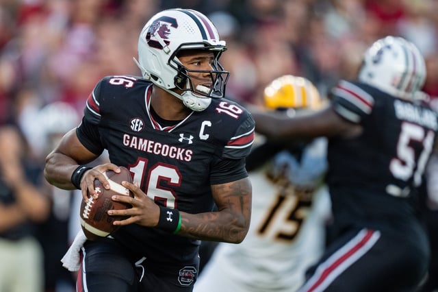 COLUMBIA, SOUTH CAROLINA - NOVEMBER 16: LaNorris Sellers #16 of the South Carolina Gamecocks drops back to pass in the first quarter during their game against the Missouri Tigers at Williams-Brice Stadium on November 16, 2024 in Columbia, South Carolina. (Photo by Jacob Kupferman/Getty Images)