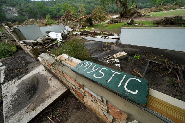 A Camp Mystic sign is seen near the entrance to the establishment along the banks of the Guadalupe River in Hunt, Texas, Saturday, July 5, 2025, after a flash flood swept through the area. (AP Photo/Julio Cortez)