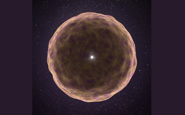 Astronomen haben eine Supernova entdeckt, bei der der Vorgängerstern kurz vor der Explosion bis auf seine innersten Schichten entblößt wurde. Selbst Silizium (grau), Schwefel (gelb) und Argon (purpur) wurden ausgestoßen. © Keck Observatory/ Adam Makarenko