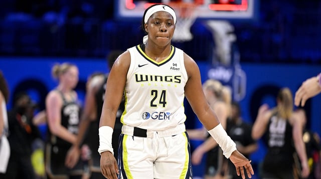 Aug 8, 2025; Arlington, Texas, USA; Dallas Wings guard Arike Ogunbowale (24) walks off the court after the Wings lose to the New York Liberty at College Park Center. Mandatory Credit: Jerome Miron-Imagn Images