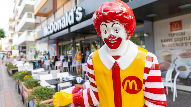 Ronald Mc Donald mascot stands in front of a Mc Donalds shop in Antalya
