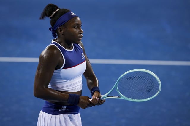 Aug 15, 2025; Cincinnati, OH, USA;  Coco Gauff (USA) reacts after returning a shot against Jasmine Paolini (ITA) during the Cincinnati Open at the Lindner Family Tennis Center. Mandatory Credit: Aaron Doster-Imagn Images/ File Photo