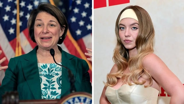 Amy Klobuchar (Credit: Joe Raedle/Getty Images) and Sydney Sweeney (Credit: Emma McIntyre/Getty Images)