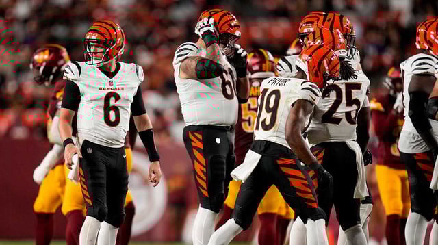 Cincinnati Bengals quarterback Jake Browning (6) takes the field in the third quarter of the NFL Preseason Week 2 game between the Washington Commanders and the Cincinnati Bengals at Northwest Stadium in Landover, Md., on Monday, Aug. 18, 2025. The Bengals won the game, 31-17.