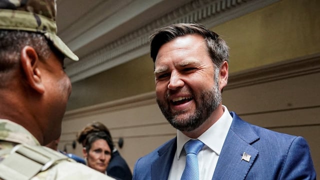 VP JD Vance greets a member of the National Guard, at Union Station in Washington, D.C.