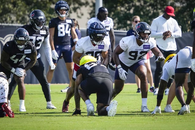 Houston Texans running back British Brooks (44), linebacker Henry To'oTo'o (39) and defensive end Dylan Horton (92) line up during a special teams drill during an NFL training camp practice at Houston Methodist Training Center in Houston, Wednesday, Aug. 20, 2025.