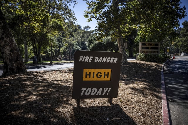 A sign warns of high fire danger at Griffith Park in Los Angeles, on Aug. 19, 2025.
