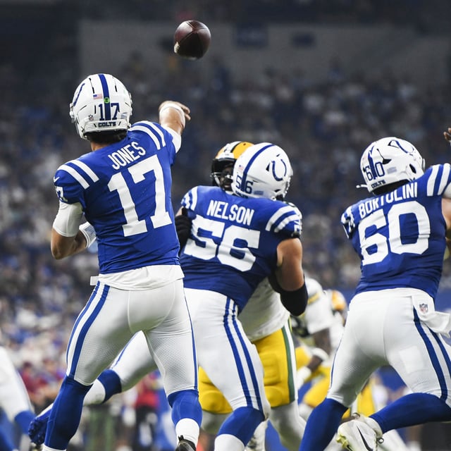 INDIANAPOLIS, IN - AUGUST 16: Indianapolis Colts Quarterback Daniel Jones (17) passes during the NFL preseason game between the Green Bay Packers and the Indianapolis Colts on August 16, 2025, at Lucas Oil Stadium in Indianapolis, Indiana. (Photo by Michael Allio/Icon Sportswire via Getty Images)