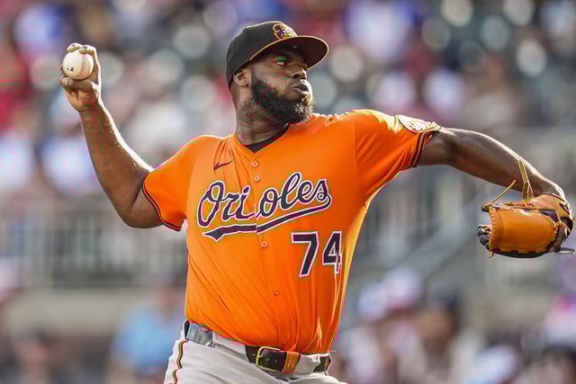 Jul 5, 2025; Cumberland, Georgia, USA; Baltimore Orioles relief pitcher Felix Bautista (74) pitches against the Atlanta Braves during the ninth inning at Truist Park. Mandatory Credit: Dale Zanine-Imagn Images/ File Photo