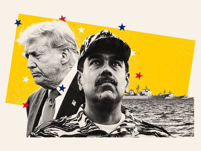 Photo composite illustration of Donald Trump, Nicolas Maduro and US warships
