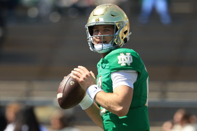 SOUTH BEND, INDIANA - APRIL 12: CJ Carr #13 of the Notre Dame Fighting Irish throws the ball during the 94th Annual Notre Dame Blue-Gold Spring Game at Notre Dame Stadium on April 12, 2025 in South Bend, Indiana.