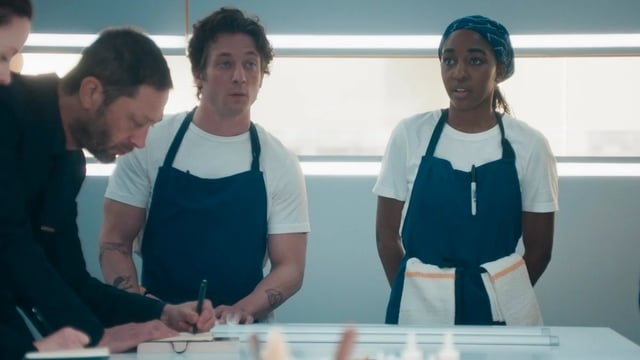 Ebon Moss-Bachrach, Jeremy Allen White and Ayo Edebiri in "The Bear." (Credit: FX)