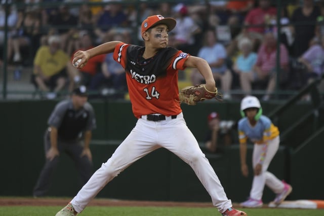 Fairfield National's SJ Taxiltaridis, shown here pitching during his team's win over Hawaii, was the starter and winner on Wednesday as the Connecticut champs defeated Las Vegas to advance to the U.S. Championship game. (AP Photo/Jared Freed)