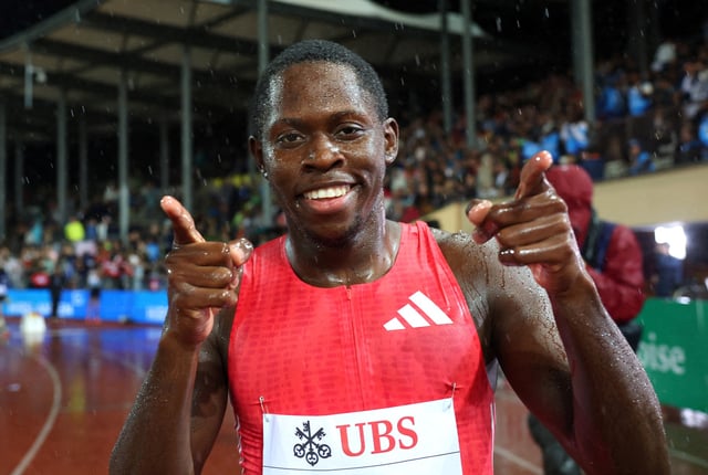 Athletics - Diamond League - Lausanne - Stade olympique de la Pontaise, Lausanne, Switzerland - August 20, 2025 Jamaica's Oblique Seville celebrates after winning the men's 100m final REUTERS/Denis Balibouse
