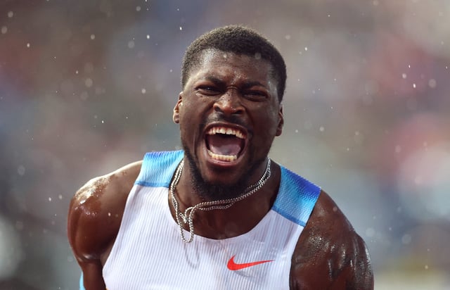 Athletics - Diamond League - Lausanne - Stade olympique de la Pontaise, Lausanne, Switzerland - August 20, 2025 Cordell Tinch of the U.S. celebrates after winning the men's 110m hurdles final REUTERS/Denis Balibouse