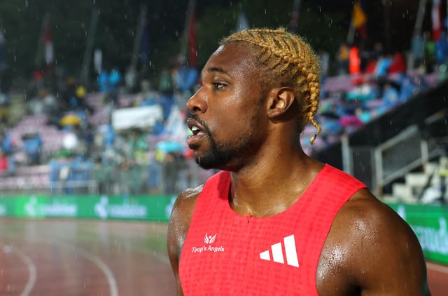 Athletics - Diamond League - Lausanne - Stade olympique de la Pontaise, Lausanne, Switzerland - August 20, 2025 Noah Lyles of the U.S. reacts after the men's 100m final REUTERS/Denis Balibouse