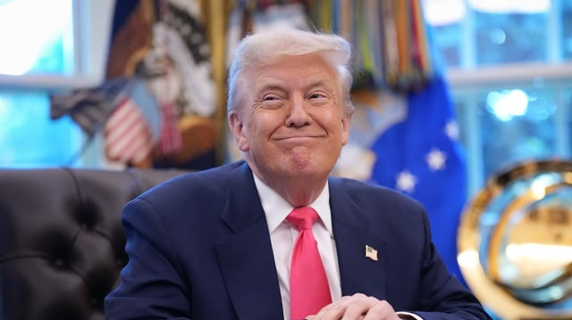 U.S. President Donald Trump speaks in the Oval Office on August 14, 2025.