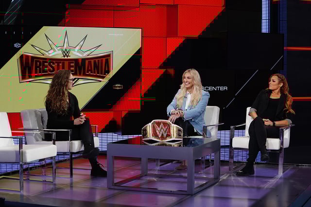 Bristol, CT - March 26, 2019 - Studio X: Ronda Rousey (l), Charlotte Flair and Becky Lynch on the set of SportsCenter (Photo by Melissa Rawlins / ESPN Images)