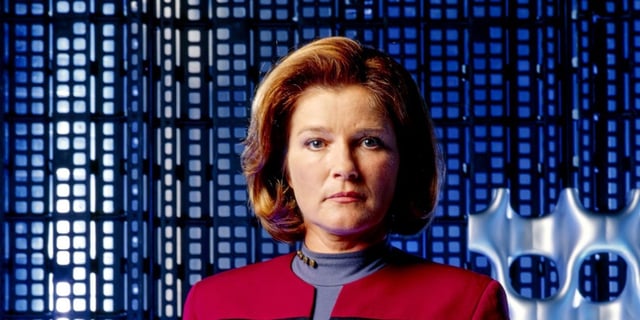 Kate Mulgrew as Captain Kathryn Janeway in Star Trek: Voyager.