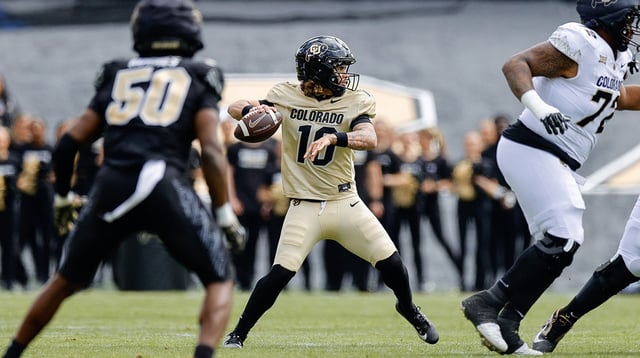 Apr 19, 2025; Boulder, CO, USA; Colorado Buffaloes quarterback Julian Lewis (10) during the spring game at Folsom Field.
