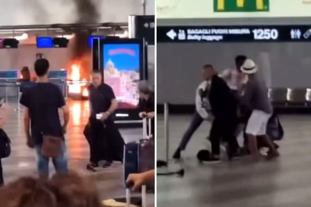 Incendio y caos en un aeropuerto: un hombre prendió fuego un puesto de check in y fue detenido. (Captura)