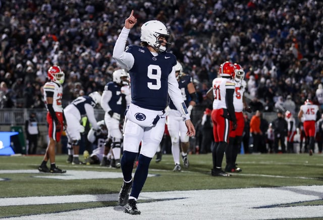Nov 30, 2024; University Park, Pennsylvania, USA; Penn State Nittany Lions quarterback Beau Pribula (9) celebrates after scoring a touchdown against the Maryland Terrapins during the second quarter at Beaver Stadium. Mandatory Credit: Matthew O'Haren-Imagn Images/ File Photo