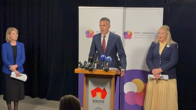SA Premier Peter Malinauskas, royal commissioner Natasha Stott Despoja, and SA minister for Women and the Prevention of Domestic, Family and Sexual Violence Katrine Hildyard. (AAP Image/Abe Maddison )