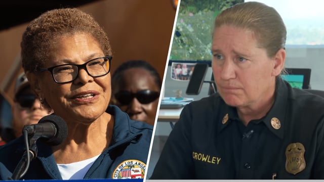 La alcaldesa de Los Ángeles, Karen Bass, y la jefa del LAFD,  Kristin Crowley.