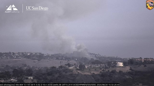 The Beacon fire broke out in Laguna Niguel on Wednesday afternoon, Aug. 20, generating smoke as seen by a fire-watch camera. (Photo by University of California San Diego)