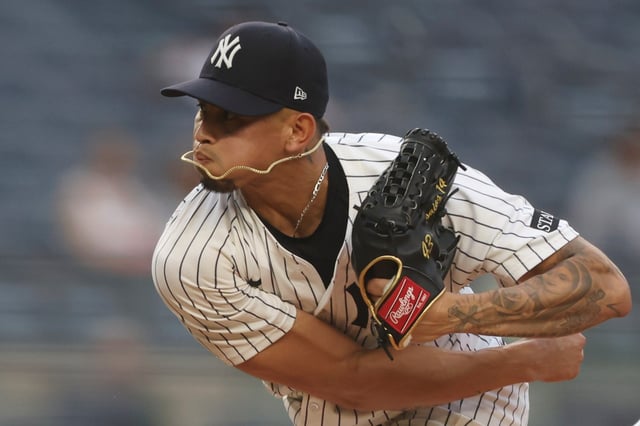 New York Yankees pitcher Jonathan Loáisiga throws during the ninth inning of a baseball game against the Tampa Bay Rays, Thursday, July 31, 2025, in New York. (AP Photo/Heather Khalifa)