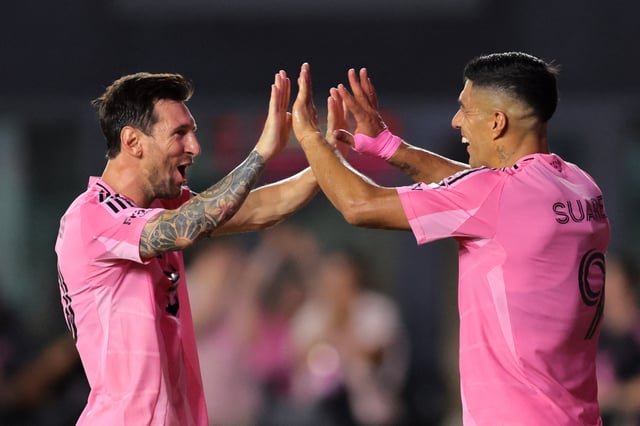 Aug 16, 2025; Fort Lauderdale, Florida, USA; Inter Miami CF forward Luis Suarez (9) celebrates with forward Lionel Messi (10) after scoring a goal against Los Angeles Galaxy during the second half at Chase Stadium. Mandatory Credit: Sam Navarro-Imagn Images/ File Photo