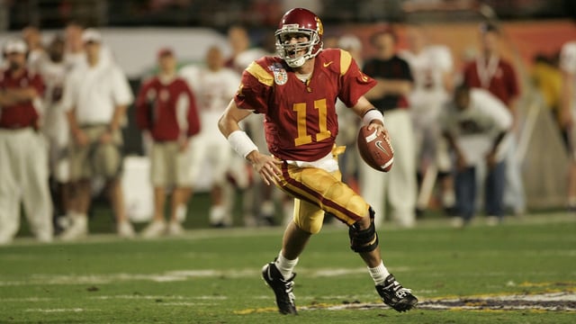 Jan 04, 2005; Miami, FL, USA; USC Trojans quarterback Matt Leinart in action during the first quarter against the Oklahoma Sooners in the 2005 Orange Bowl held at Pro Player Stadium. Mandatory Credit: Photo by Imagn Images (©) Copyright 2005 by Preston Mack