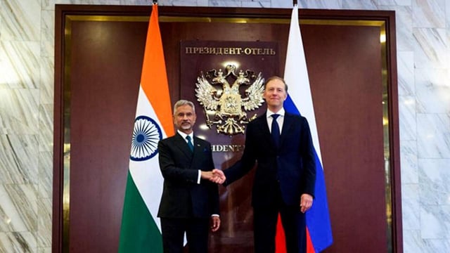 External Affairs Minister S Jaishankar with Russia’s deputy PM, Denis Manturov, during the 26th India-Russia Inter-Governmental Commission on Trade, Economic, Scientific, Technological and Cultural Cooperation IRIGC-TEC, in Moscow on Wednesday. (ANI)