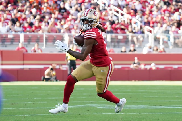 Aug 9, 2025; Santa Clara, California, USA;  San Francisco 49ers wide receiver Demarcus Robinson (5) makes a reception in the first quarter against the Denver Broncos at Levi's Stadium. Mandatory Credit: David Gonzales-Imagn Images/ File Photo