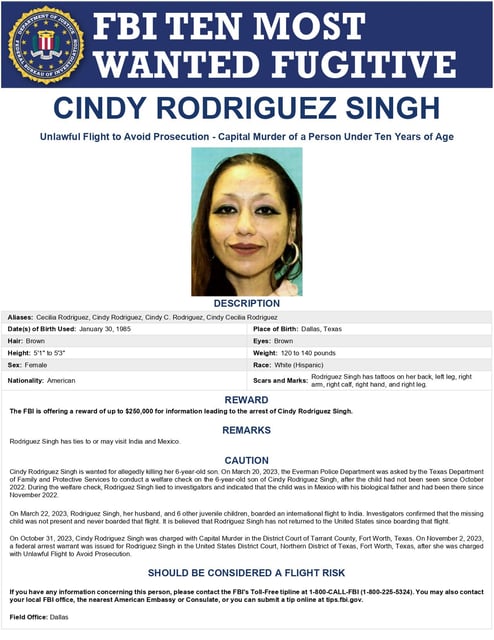 The FBI's wanted poster for Cindy Rodriguez Singh.
