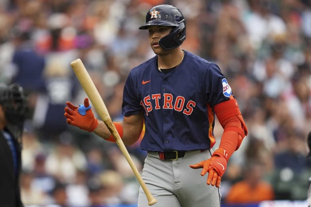 Houston Astros' Cam Smith reacts to striking out against the Detroit Tigers in the ninth inning during a baseball game Wednesday, Aug. 20, 2025, in Detroit. (AP Photo/Paul Sancya)