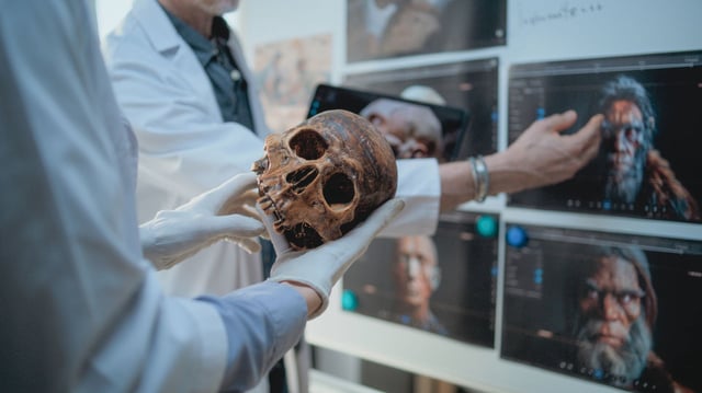 Male and female scientists study anatomy of fossil skull of ancient man using tablet computer. Archaeologists work in archaeological lab. Board with printed images of 3D visualization of humans head.