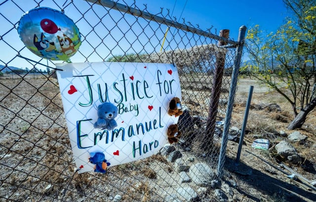 A sign demanding justice for Emmanuel Haro hangs on a fence outside the home of his parents, Rebecca and Jake Haro, on Aug. 18, 2025, in Cabazon. The mother reported her child was kidnapped on Aug. 14 in Yucaipa. (Photo by Terry Pierson, The Press-Enterprise/SCNG)