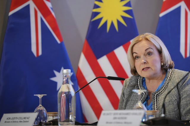 FILE - New Zealand's Defence Minister Judith Collins, speaks during a press conference on the sidelines of the Shangri-la Dialogue for the Five Power Defence Arrangements (FPDA) Defence Ministers' Meeting [FDMM], in Singapore, Friday, May 31, 2024. (AP Photo/Vincent Thian,File)