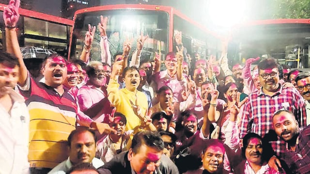Members of BEST Workers Union celebrated with union leader Shashank Rao outside the counting centre at 4am on Wednesday.