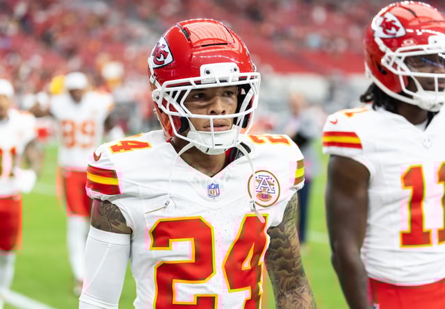 Aug 9, 2025; Glendale, Arizona, USA; Kansas City Chiefs wide receiver Skyy Moore (24) against the Arizona Cardinals during a preseason NFL game at State Farm Stadium. Mandatory Credit: Mark J. Rebilas-Imagn Images/File Photo
