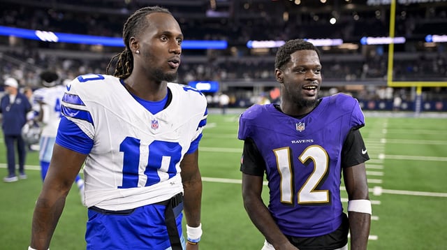 Aug 16, 2025; Arlington, Texas, USA; Dallas Cowboys quarterback Joe Milton III (10) talks with Baltimore Ravens wide receiver Malik Cunningham (12) after the game at AT&T Stadium. Mandatory Credit: Jerome Miron-Imagn Images