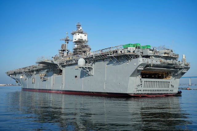 Amphibious assault ship USS Essex (LHD 2) transits the San Diego Bay, Sept. 8, 2023. Essex is homeported in San Diego conducting a maintenance period to upgrade and refurbish many key systems aboard.